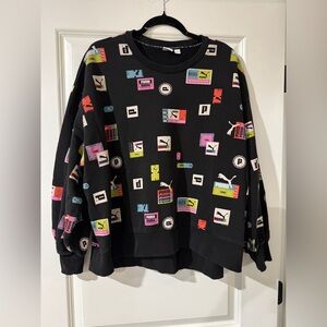 Puma All Over Logo Print Crewneck Sweatshirt Black Multi Color Women's XL